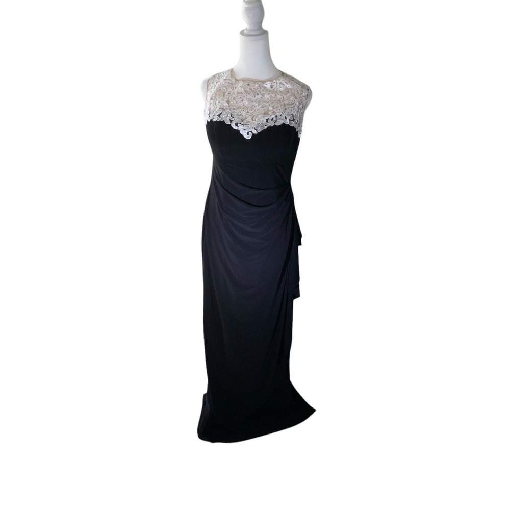 Alex Evenings Formal Floor Length Dress Black W/cream And Tan Mesh Neckline S 10